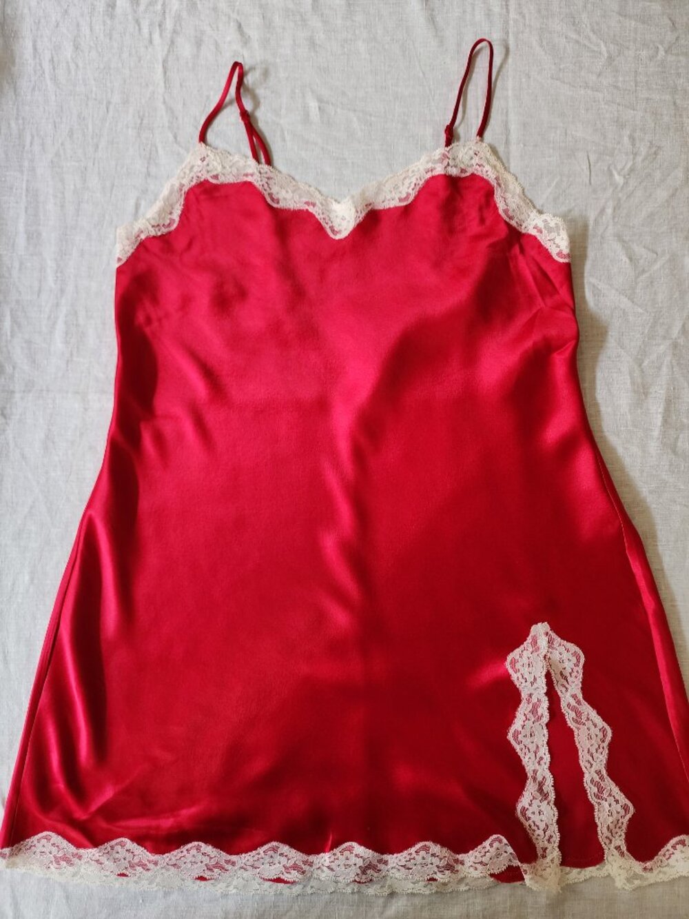 VTG Victoria’s Secret Red Satin Lace Slip Dress Medium High Thigh Slit